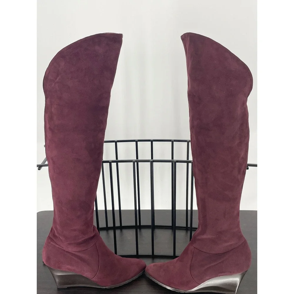 LK Bennett Plum Suede Over Knee Boots sz 39 8.5 Italian Leather Lined Wedge Heel